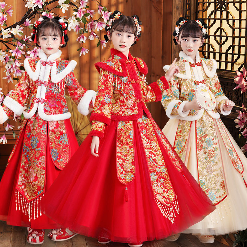 女童漢服冬款加絨拜年服2022新款冬季兒童過年唐裝小女孩古裝冬天