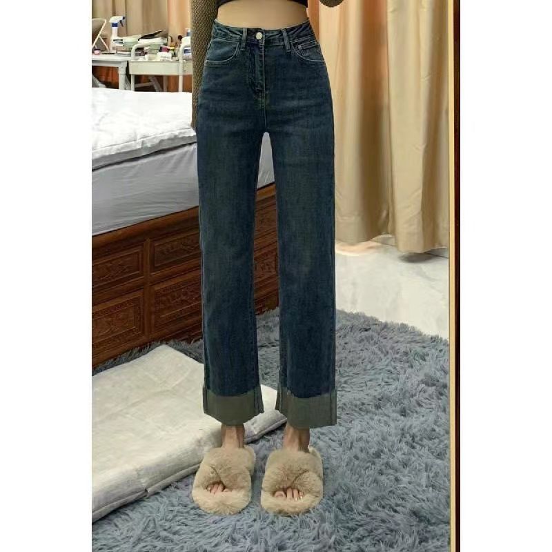 直筒彈力牛仔褲女2023春秋新款大碼胖mm翻邊高腰顯瘦卷邊煙管褲子