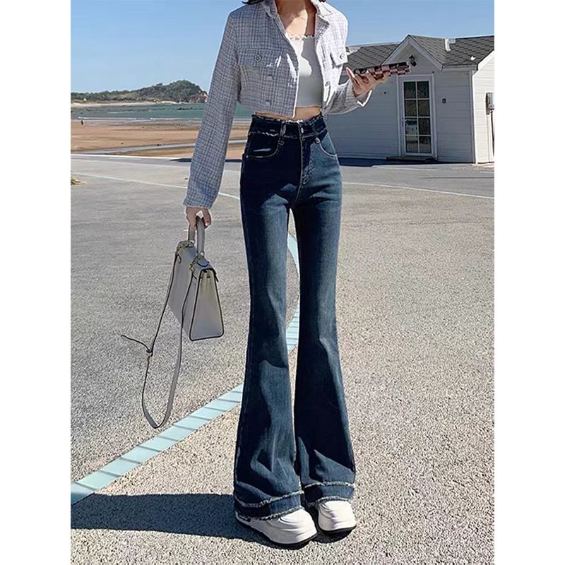 YSYOURS高腰復古微喇牛仔褲女春秋季緊身顯瘦大碼毛邊馬蹄拖地褲