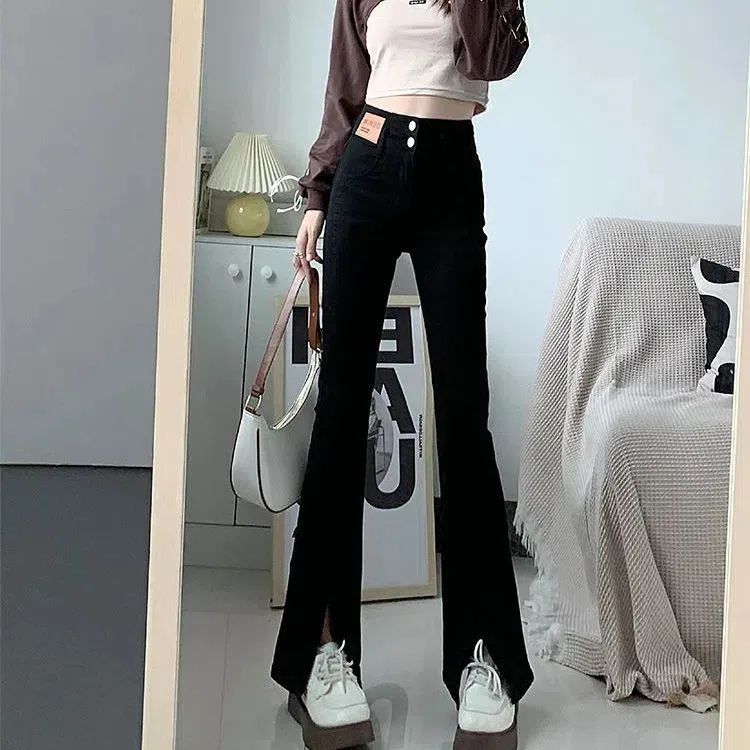 Black flared jeans women's spring and autumn 2023 new high waist thin and small all-match slit mopping floor flared pants