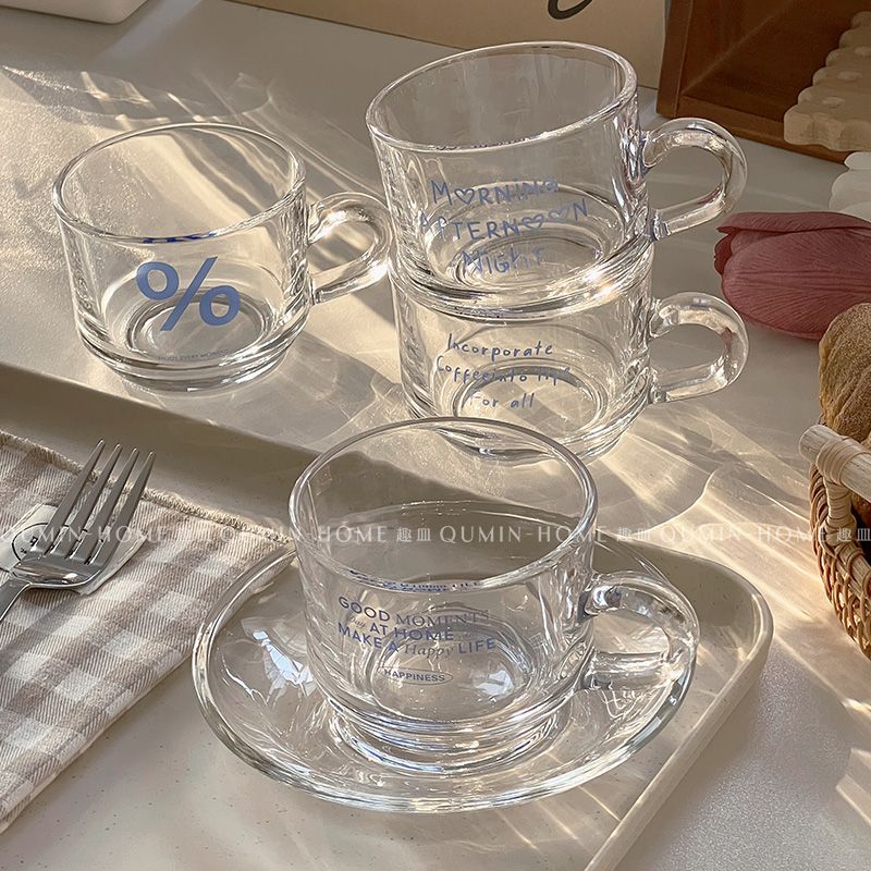 Qumin 简约韩式透明蓝色系玻璃杯碟小清新家用甜品店下午茶咖啡杯