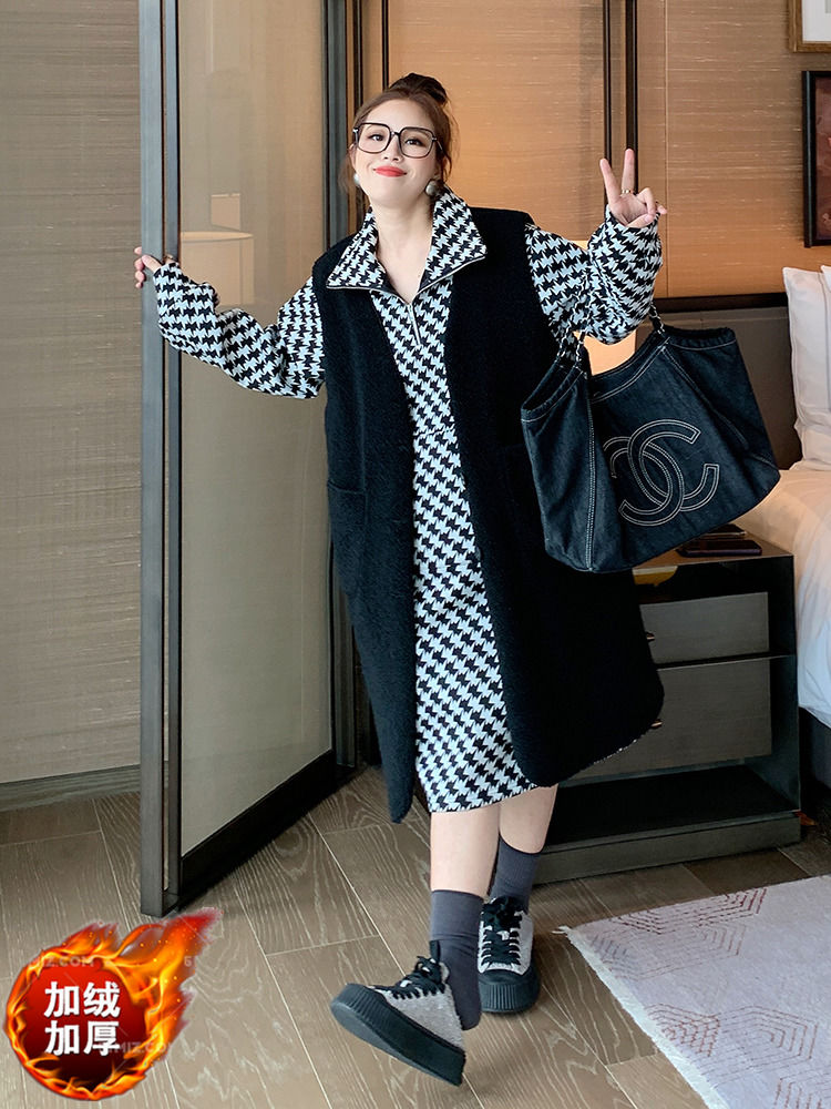 Retro houndstooth plus velvet long sweater dress fat MM extra large size 300 catties autumn and winter high collar warm dress