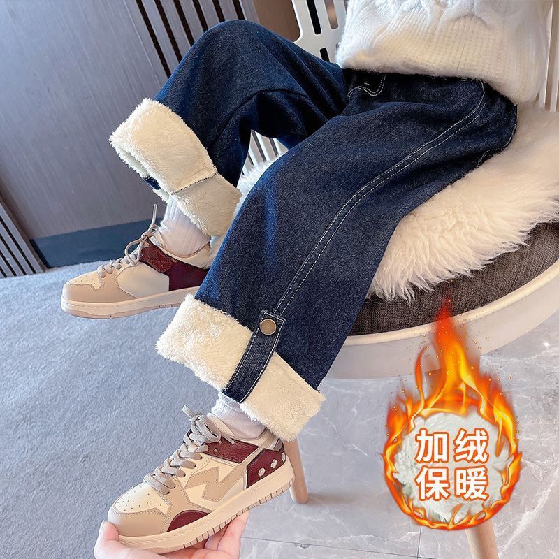 女童褲子加絨加厚秋冬款女寶寬鬆牛仔長褲韓版冬季女孩闊腿褲洋氣