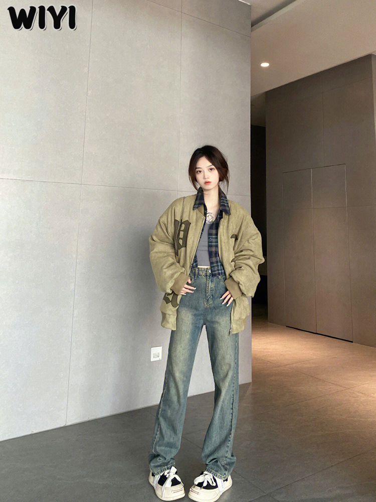 WIYI 美式復古做舊高腰直筒牛仔褲女秋冬新款寬鬆垂感闊腿拖地褲