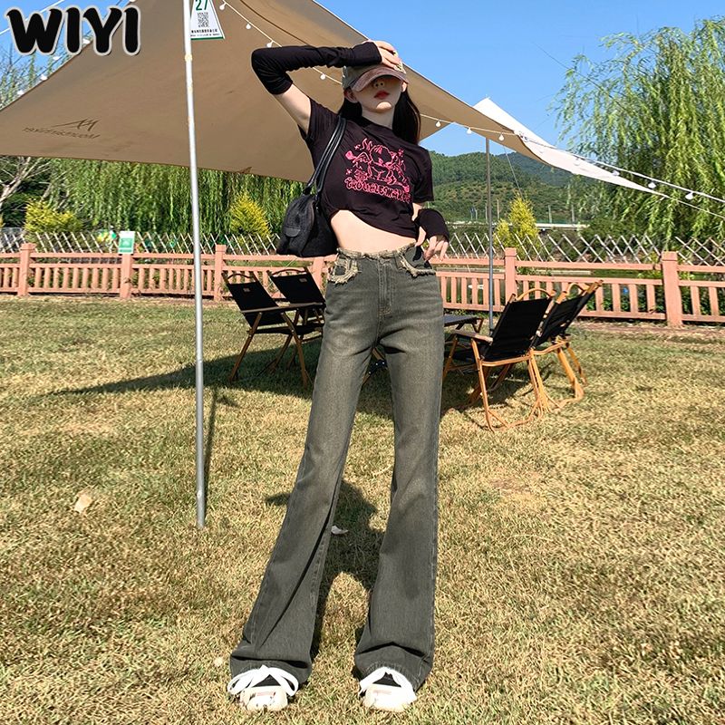 WIYI 復古做舊喇叭闊腿褲秋冬新款微喇叭牛仔褲女高腰顯瘦拖地褲