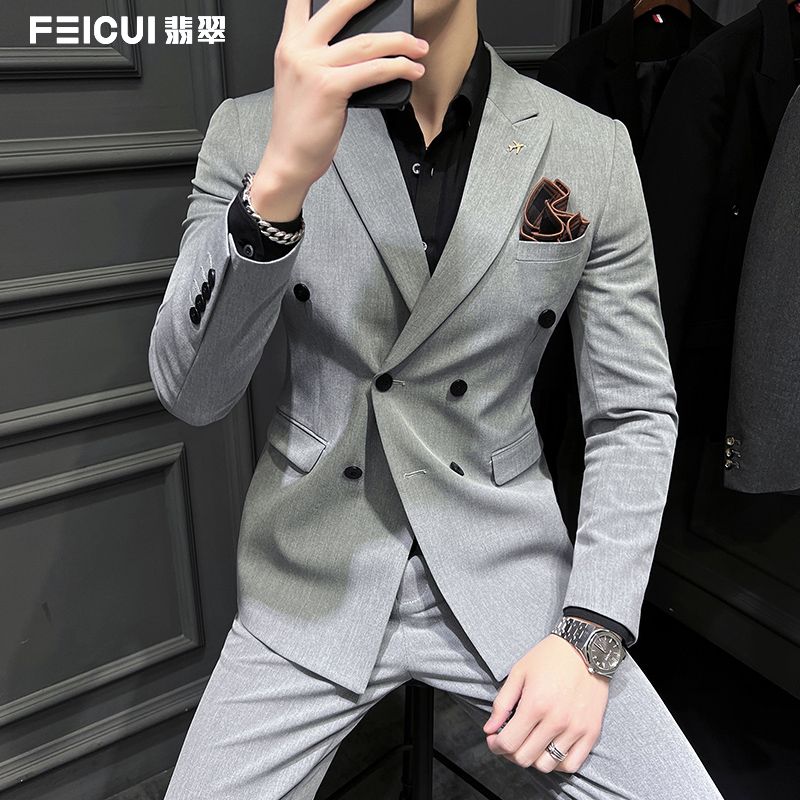 FEICUI高级戗驳领西装全套男休闲商务韩版西服套装男新郎结婚礼服