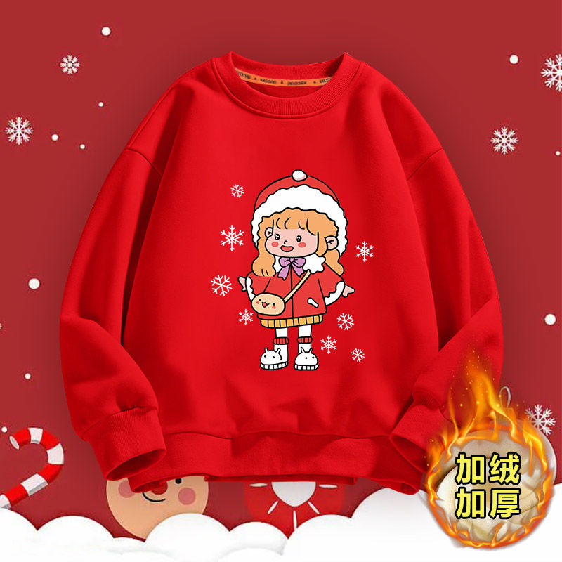 2022秋冬圣诞新款红色女童卫衣加绒加厚保暖运动服中大童潮流上衣