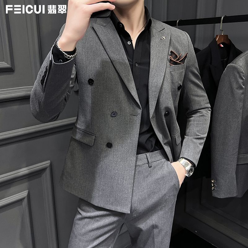 FEICUI高级戗驳领西装全套男休闲商务韩版西服套装男新郎结婚礼服