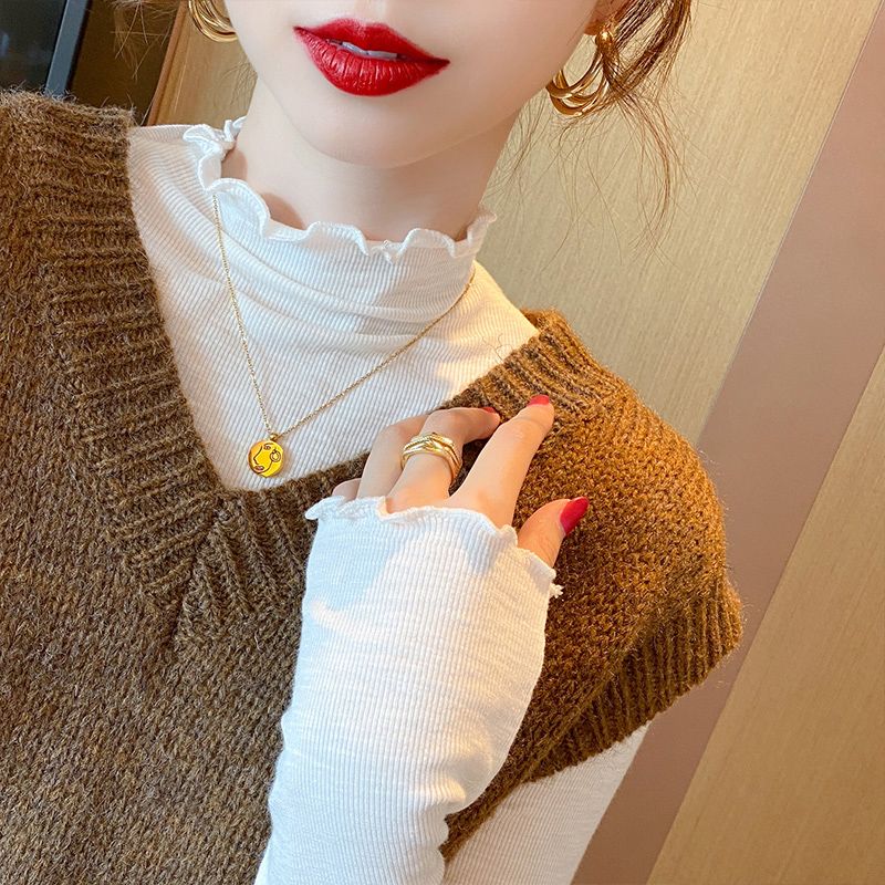 白色打底衫女春秋薄款2022年秋冬新款修身t恤木耳邊早秋長袖上衣
