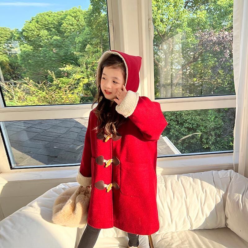 女童加棉加厚外套2023冬季新款韩版呢大衣儿童中长款时髦宝宝上衣