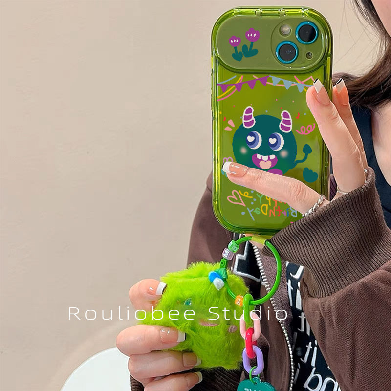 毛绒小怪兽化妆镜iphone14pro max手机壳苹果13软12/11新款xr女xs