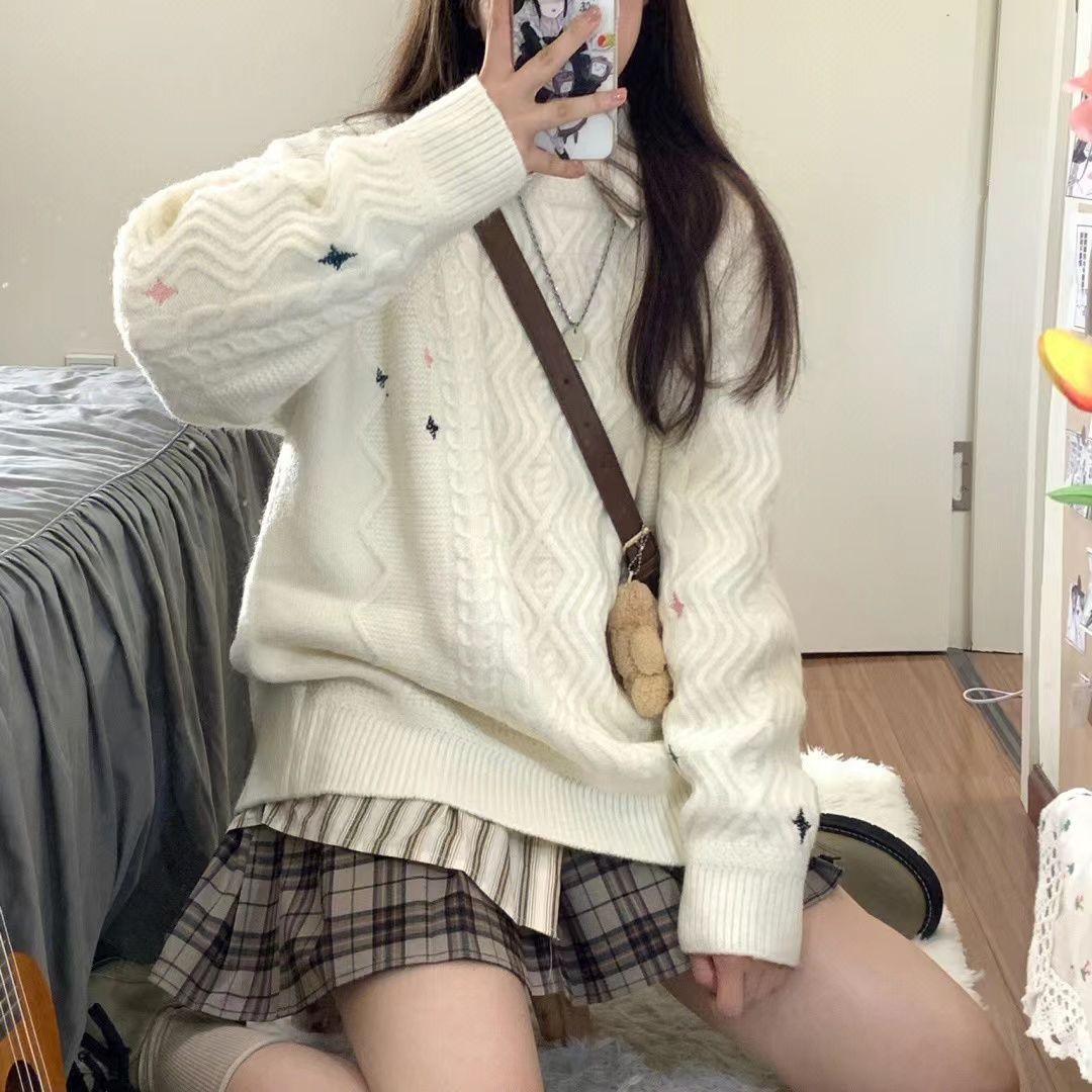 奶fufu的日系可愛白色粗針麻花毛衣女秋冬加厚慵懶風寬鬆減齡上衣
