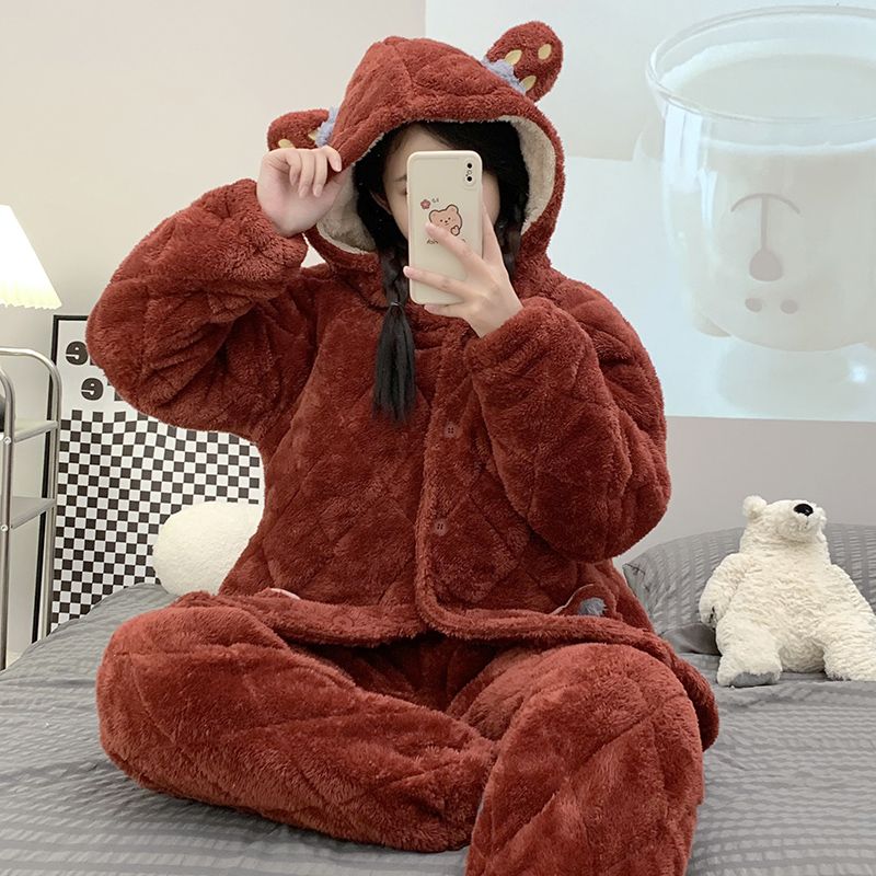 Winter new hooded pajamas women's coral fleece three-layer thickened plus velvet warm quilted flannel home service suit