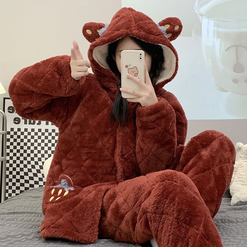 Pajamas women's winter coral fleece three-layer quilted thickened plus velvet flannel warm autumn and winter ladies home service suit
