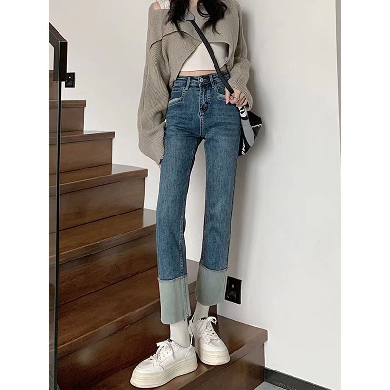 YSYOURS翻邊復古直筒牛仔褲女秋冬加絨高腰大碼卷邊九分煙管褲子