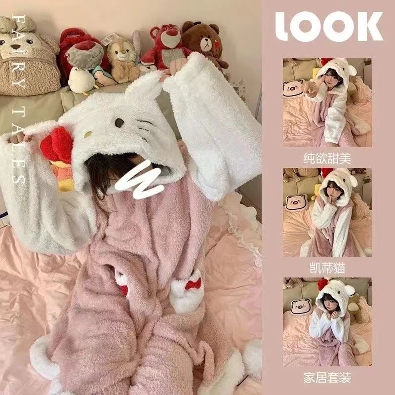ins風睡衣女秋冬凱蒂貓加絨加厚法蘭絨珊瑚絨睡袍家居服套裝