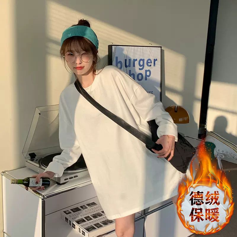 加厚雙面德絨圓領白色打底衫女加絨秋冬磨毛內搭純色寬鬆長袖T恤