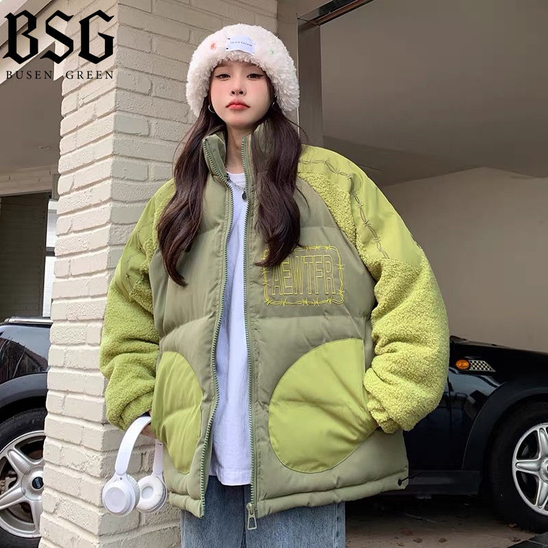 BSG美式復古潮牌羊羔毛拼接立領棉衣男女冬季加厚保暖麵包服外套