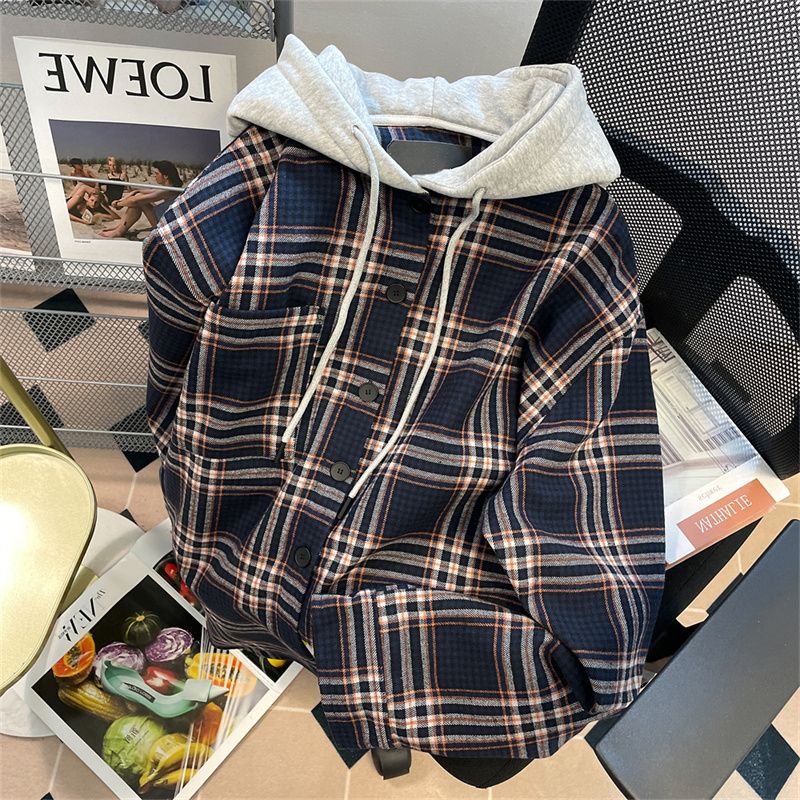美式ins潮牌痞帥格子連帽襯衫外套男女春秋高級感慵懶風長袖上衣