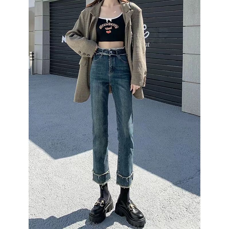 YSYOURS復古毛邊直筒牛仔褲女春秋季高腰大碼胖mm顯瘦九分煙管褲
