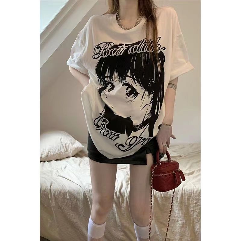 漫畫少女夏季新款寬鬆印花中長款上衣白色短袖t恤女學生ins半袖潮