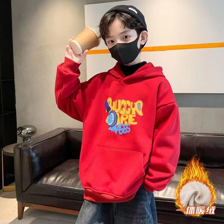 Boys fleece sweater 2022 new children's loose Korean version boy's natal year red New Year's greetings New Year's clothes