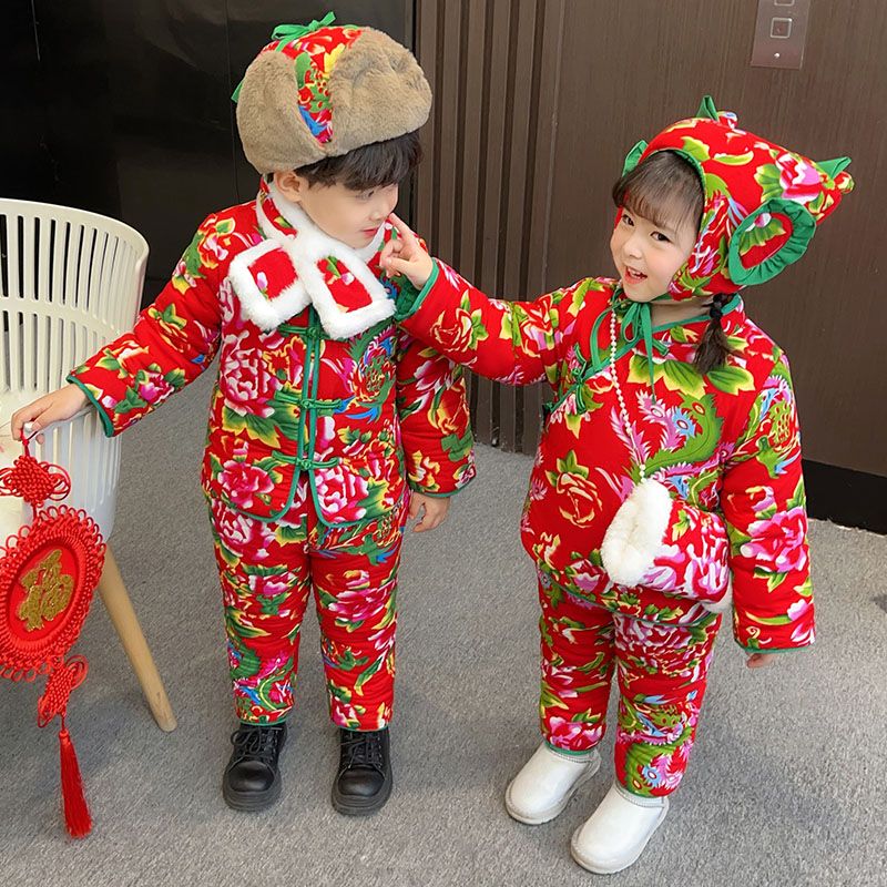 Northeast big flower padded jacket children boys winter suit baby fried street Chinese style girls clothes baby cotton clothes winter