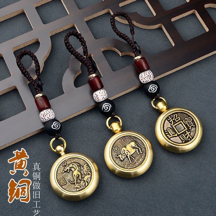 純黃銅十二生肖車內時來運轉鑰匙扣汽車掛件12生肖旋轉招財小葫蘆