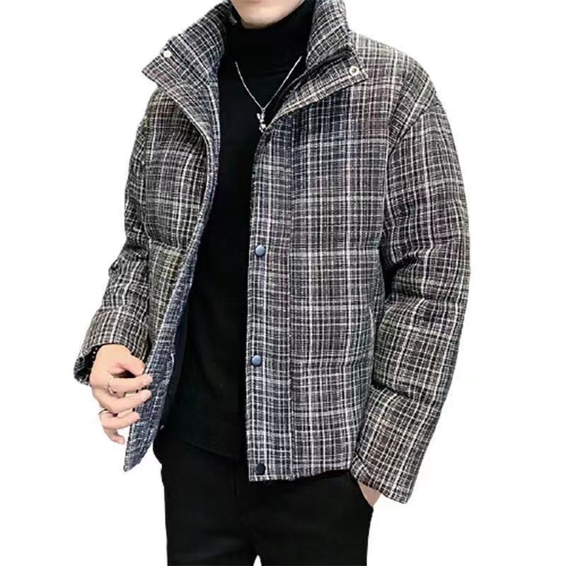 2023 Neue Daunenjacke für Herren, hübsche karierte Baumwolljacke mit kurzem Stehkragen, verdickte und leichte Herrenjacke,_voghion.com