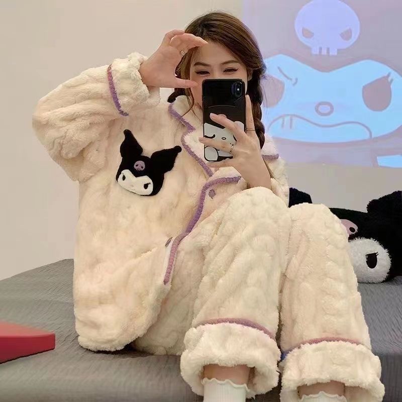韓版ins可愛庫洛米珊瑚絨睡衣女秋冬新款加厚外穿毛絨家居服套裝