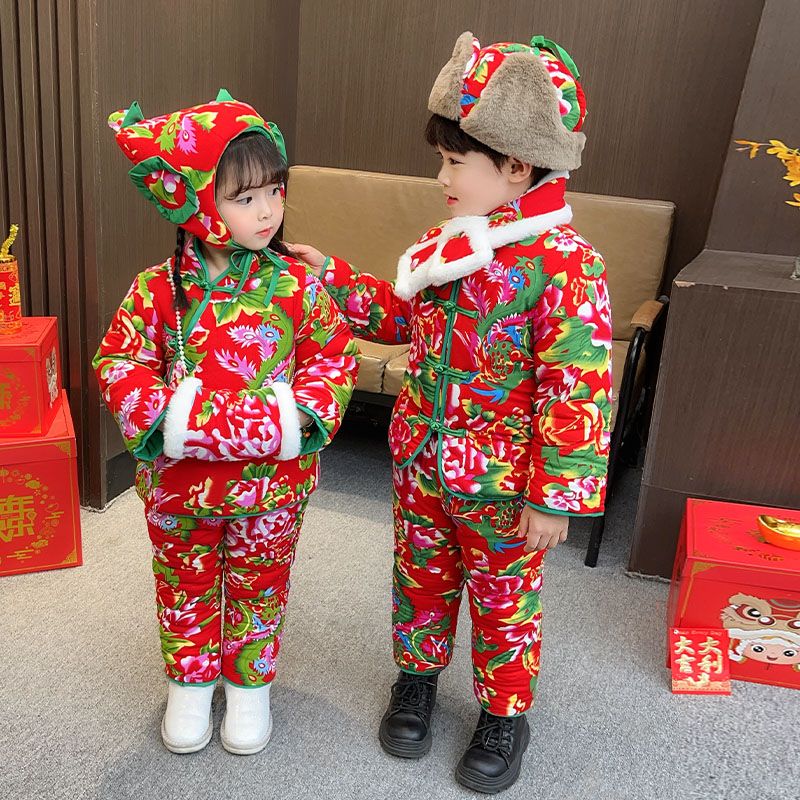 Northeast big flower padded jacket children boys winter suit baby fried street Chinese style girls clothes baby cotton clothes winter