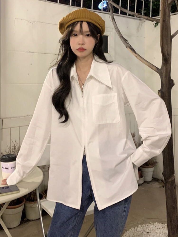 大碼300斤雙頭拉鏈襯衫女春秋胖mm港味BF風設計感小眾白色襯衣潮