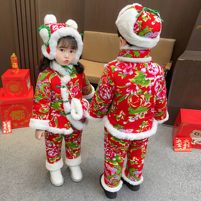 Northeast big flower padded jacket children boys winter suit baby fried street Chinese style girls clothes baby cotton clothes winter