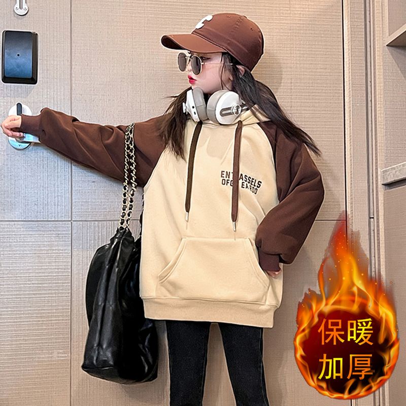 女童加绒卫衣秋冬款2022新款儿童时髦中大童加厚一体绒中长款卫衣