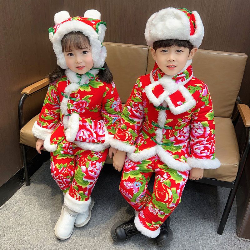 Northeast big flower padded jacket children boys winter suit baby fried street Chinese style girls clothes baby cotton clothes winter