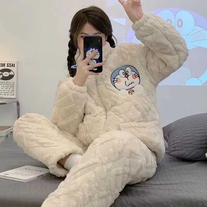 哆啦a夢睡衣冬季韓版ins珊瑚絨三層夾棉襖加厚超厚家居服套裝外穿