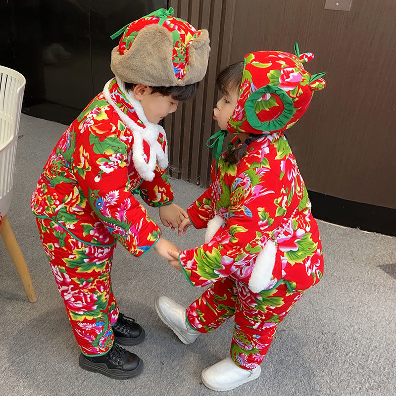 Northeast big flower padded jacket children boys winter suit baby fried street Chinese style girls clothes baby cotton clothes winter