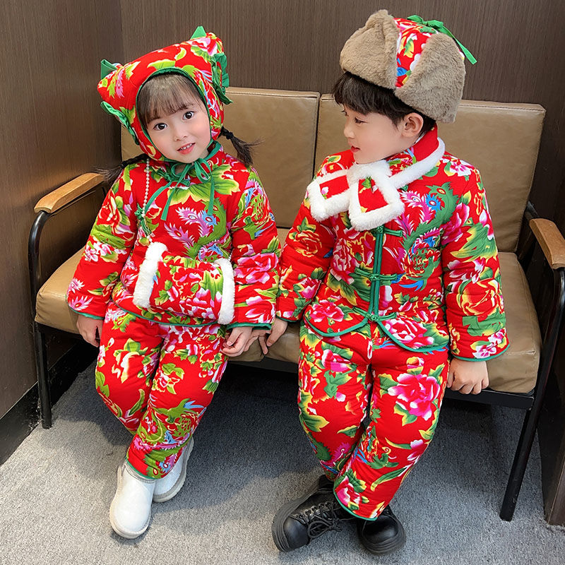 Northeast big flower padded jacket children boys winter suit baby fried street Chinese style girls clothes baby cotton clothes winter