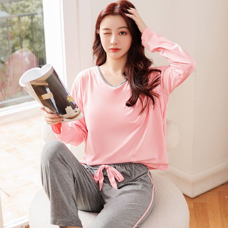 Women's spring and autumn pajamas with chest pad plus size long-sleeved trousers two-piece suit can be worn outside casual home service loose suit