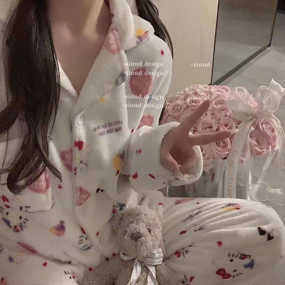 新款秋冬款網紅睡衣女卡通KT凱蒂貓法蘭絨保暖家居服可外穿兩件套