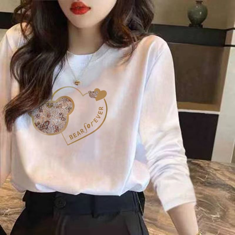 100%純棉長袖T恤女2023春季新款學生韓版寬鬆印花打底衫上衣ins潮