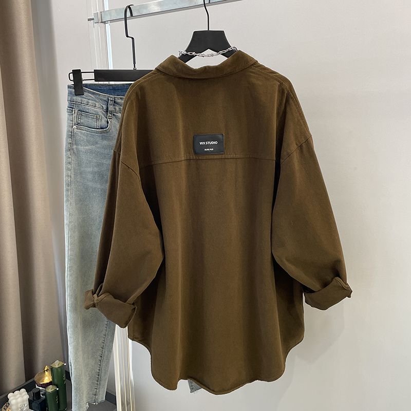 Outer wear solid color shirt women's loose mid-length  new Korean version of Hong Kong style casual thick layered long-sleeved shirt