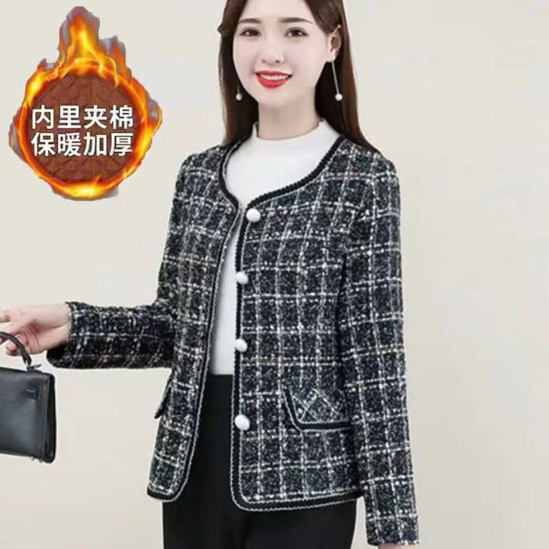 中年婦女小香風短款外套2022春裝新款千鳥格媽媽時尚圓領開衫上衣