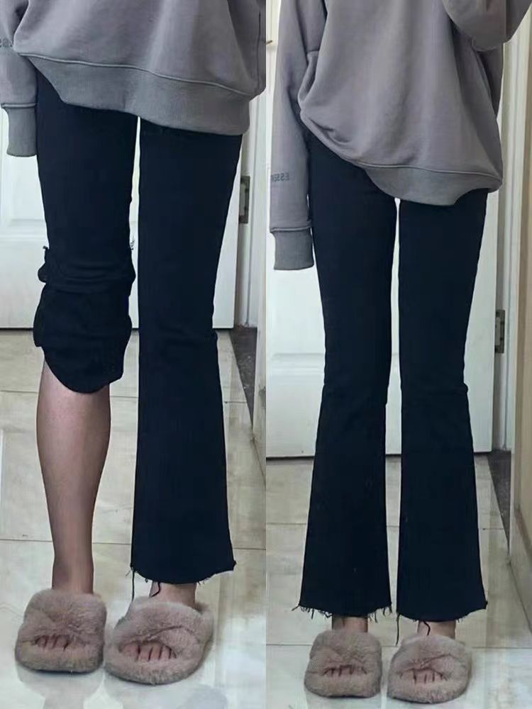 梨型身材微喇牛仔褲女高腰秋冬加絨大碼胖mm黑色顯瘦小個子九分褲