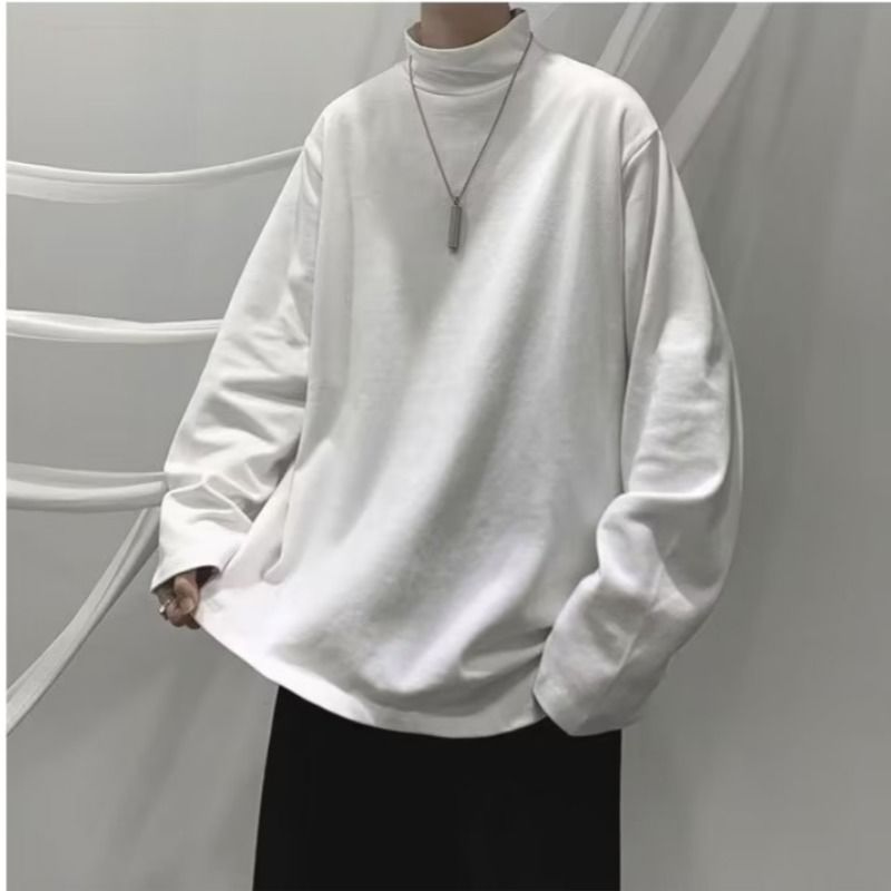 Korean lazy style white high necked for men's winter new trend Instagram loose and versatile solid color bottom_voghion.com
