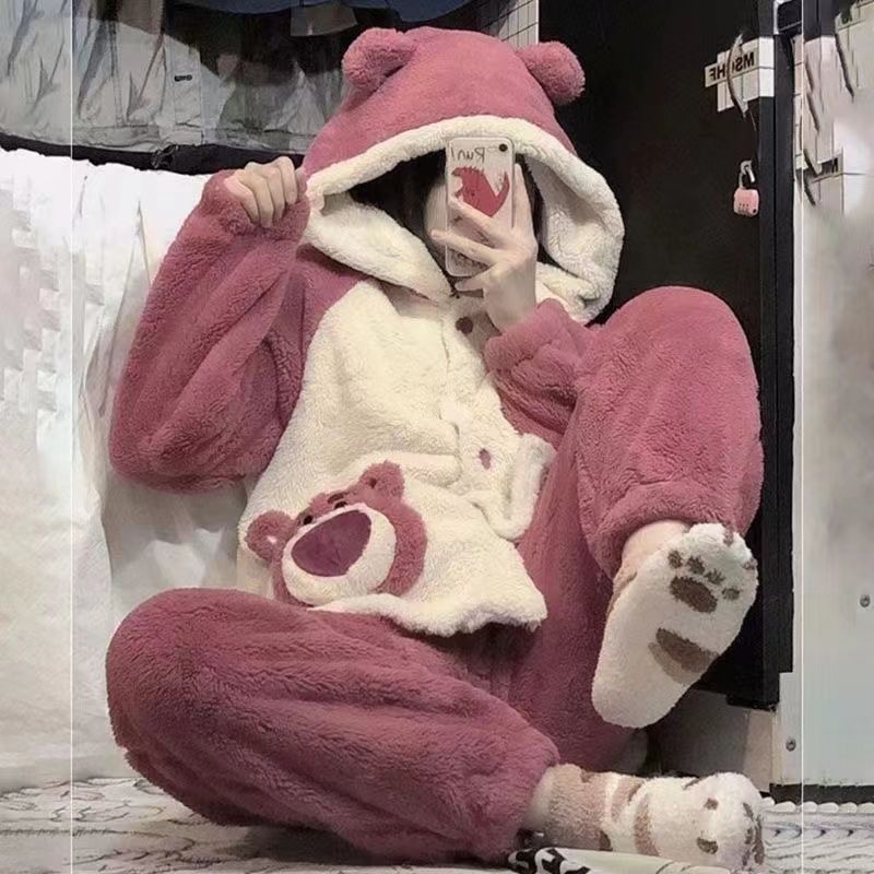 韓版ins可愛小熊珊瑚絨連帽睡衣女秋冬加厚保暖家居服兩件套裝