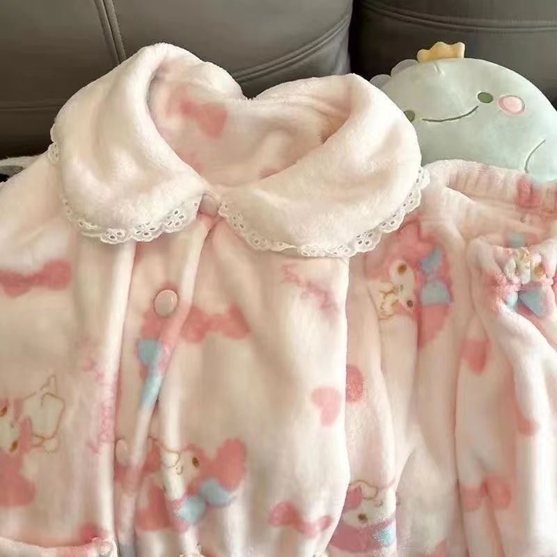 韓版ins可愛美樂蒂珊瑚絨睡衣女秋冬加絨加厚毛絨家居服套裝外穿