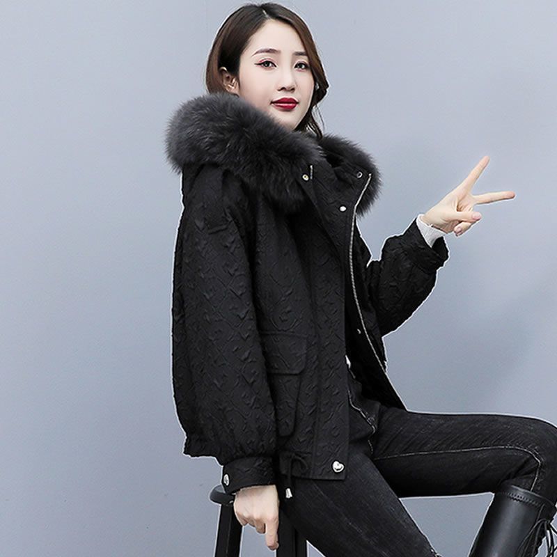 冬季大毛领羽绒棉服女短款2022新款韩版棉袄时尚女士棉衣工装外套