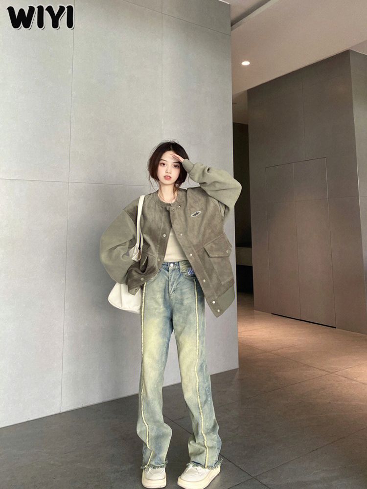 WIYI 復古藍直筒牛仔褲女秋冬新款水洗做舊高腰顯瘦毛邊闊腿長褲