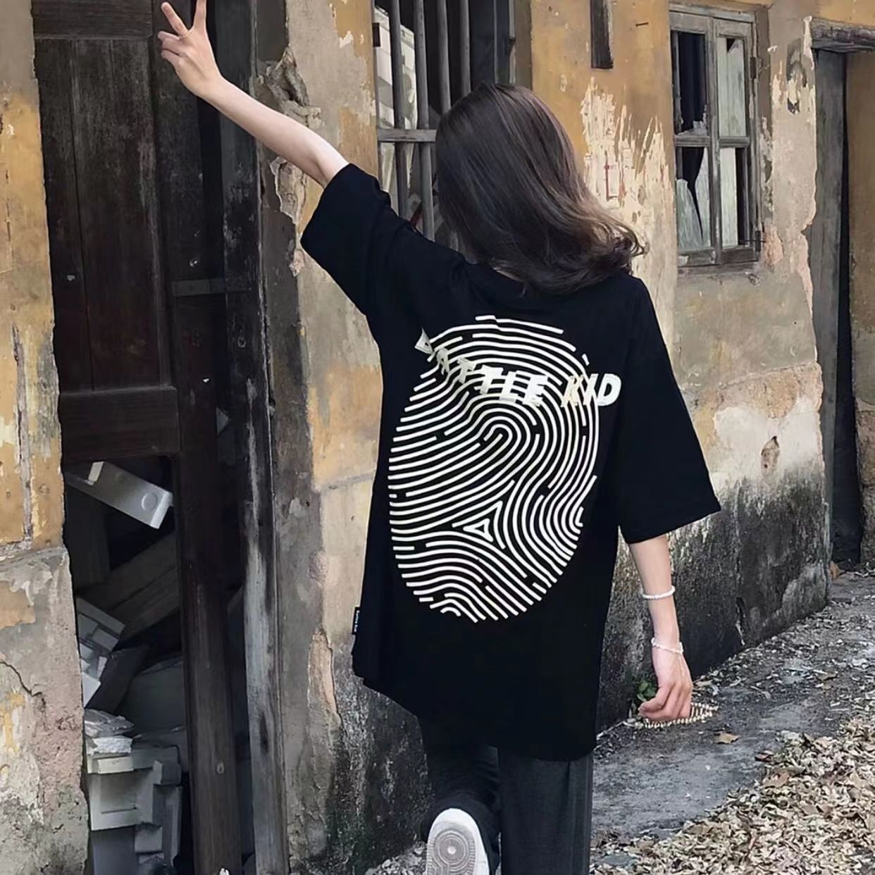 100%純棉短袖t恤女夏季學生韓版寬鬆設計感小眾指紋印花上衣服潮